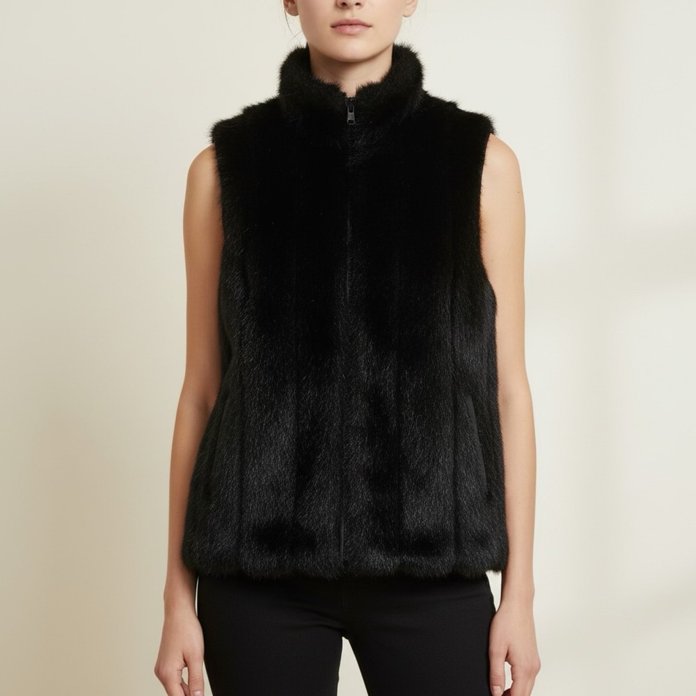 Black Faux‎ Fur Zip Up Vest Mock Neck Sleeveless Jacket Pockets Womens